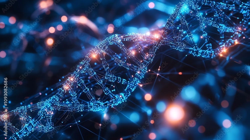 Poster glowing neural network fused with dna strand symbolizing ai genetic engineering optimization