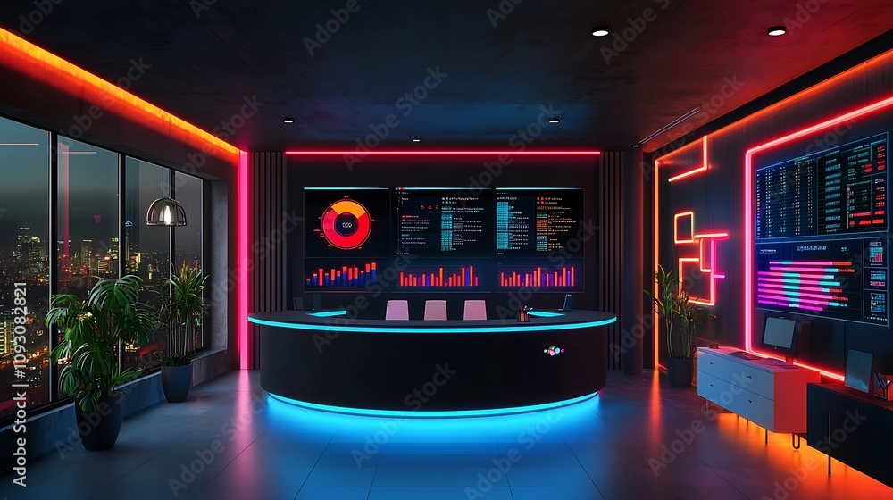 Poster vibrant and modern futuristic workspace with digital advertising and marketing performance metric sc