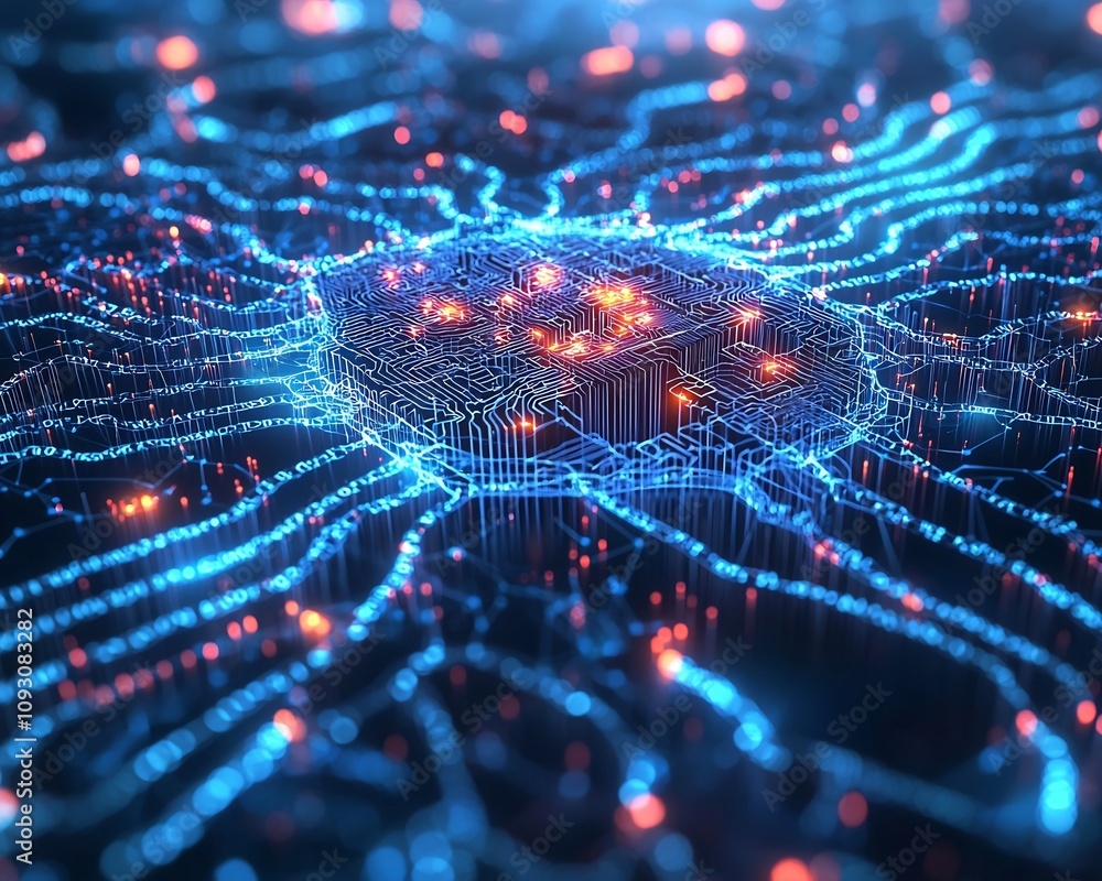 Poster glowing neural network analyzing past campaigns and suggesting optimized ai driven marketing strateg