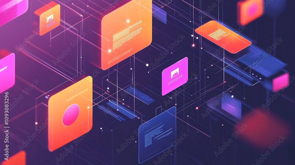 Poster vibrant and sleek flat design showcasing interconnected nodes driving automated marketing workflows 