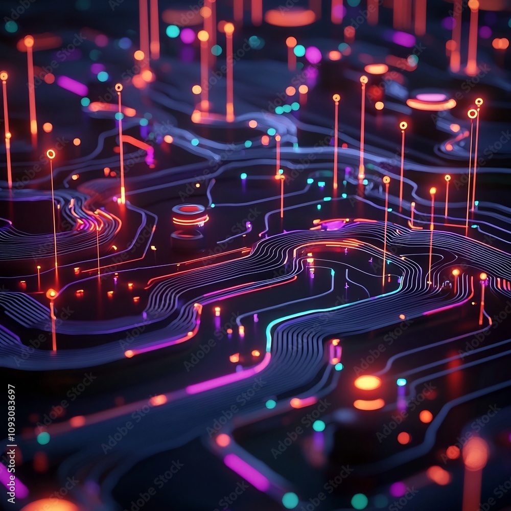 Poster glowing 3d data visualization mapping customer journeys and marketing touchpoints for effective conv