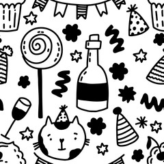 Vector holiday pattern. Seamless background for Birthday, Christmas and New Year party. Hand drawn collection