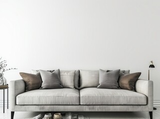Minimalist living room interior with a white sofa, two potted plants, and a white wall