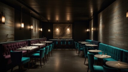 Here's a description and keywords for the image.. Dimly lit, upscale restaurant interior with teal and purple booths, marble tables, and modern wall decor.