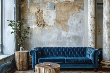 Modern Loft Living Room with Blue Velvet Sofa and Rustic Accent Table - Scandinavian Home Interior Design with Fireplace