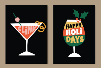 Christmas cocktails. Happy New Year greeting cards, invitations. Alcohol drink glasses, lettering text isolated on black background. Birthday party celebration. Retro hand drawn vector illustrations