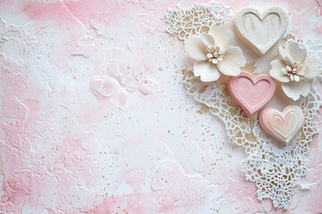 Wooden hearts and soft flowers on pastel pink textured background