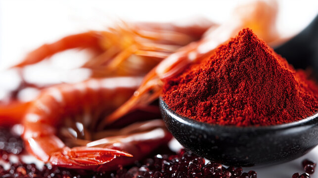 Astaxanthin Antioxidant Powder in a Health-Boosting Seafood Context, Close-up Shot on White Background