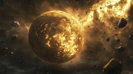 a gold meteor striking planet earth 4 billion years ago, AI Generative