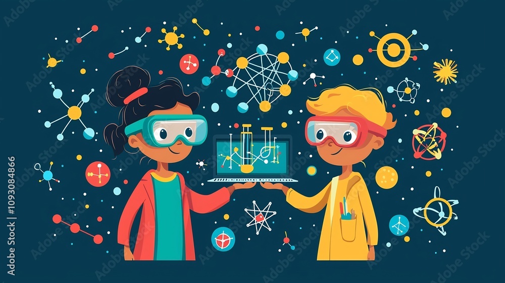 Poster vibrant flat design depicting an interactive science laboratory setting with children in lab coats a