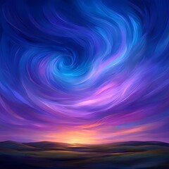 Vibrant swirling sunset sky over calm landscape.
