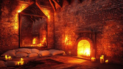 Warm and inviting living space with a white couch, a stylish mirror above a glowing fireplace, and soft, natural lighting throughout.