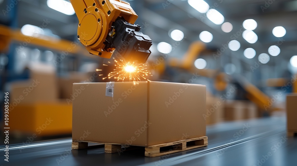 Aufkleber automated packaging process futuristic factory industrial technology high-efficiency environment clo