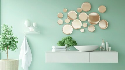 "Modern Bathroom Decor with Stylish Round Mirrors and Minimalistic Design. A floating vanity with minimalist decor and a pale mint green wall creates a tranquil .