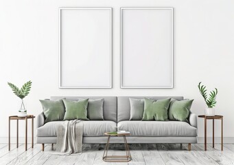 Fototapeta premium A minimalist living room with a grey sofa, two black framed posters, two end tables with lamps, and a throw pillow