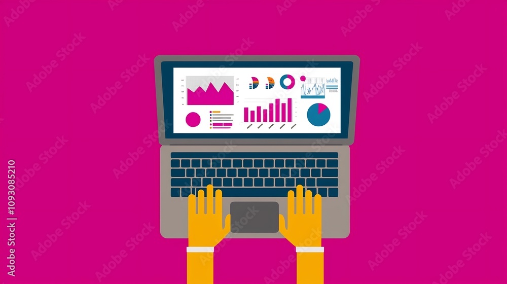 Poster vibrant flat design laptop screen displaying digital media revenue analytics with bold charts and gr