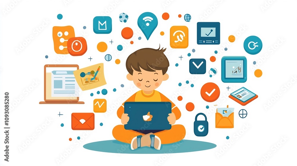 Poster vibrant flat design of a child learning online with a tablet device surrounded by animated education