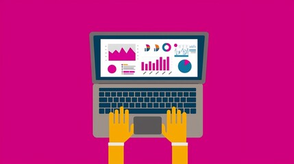 Vibrant Flat Design Laptop Screen Displaying Digital Media Revenue Analytics with Bold Charts and Graphs for Business Reporting and Financial Analysis