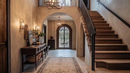 Obraz premium Elegant Entryway Design with Arched Door and Rustic Farmhouse Decor