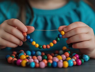 Close-up of a child's hands threading vibrant beads onto a string, showcasing creativity and fun craft activity.