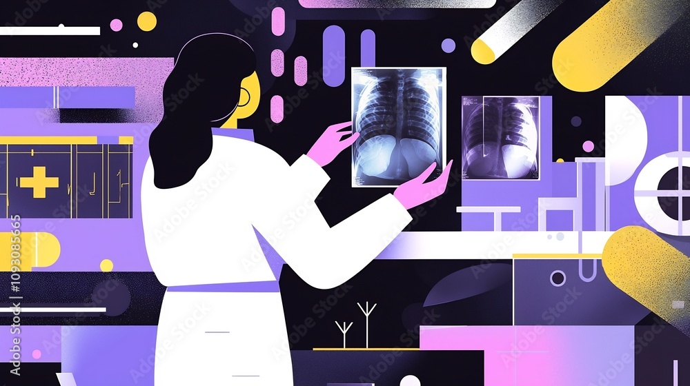 Aufkleber vibrant flat design of a doctor examining x rays with a simple clean lightbox and abstract backgroun