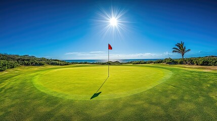 Wide-angle view of a golf course featuring a vibrant green, a red flag in the hole, and bright sunshine illuminating the scene.