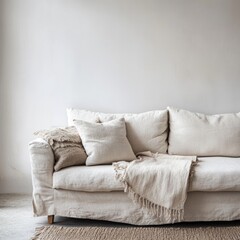 Scandinavian Living Room Interior with White Sofa and Greenery. Modern Cozy Home Design