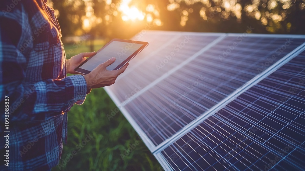 Poster renewable energy technician monitoring solar panels in real time for optimal efficiency on remote so