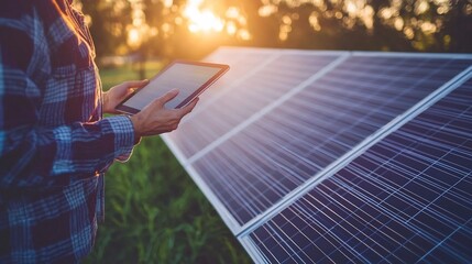 Renewable Energy Technician Monitoring Solar Panels in Real Time for Optimal Efficiency on Remote Solar Farm