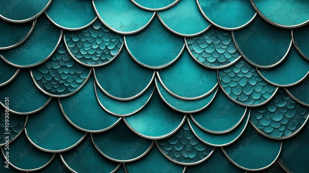 Poster a luxurious pattern of overlapping teal scales, each outlined in shimmering silver, creating a rich 
