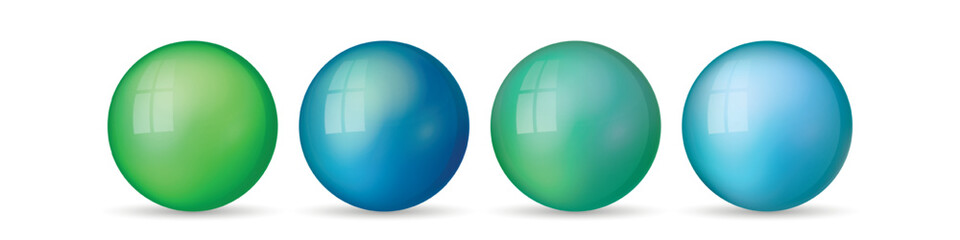 Set with glass colorful balls. Glossy realistic ball, 3D abstract vector illustration highlighted on a white background. Big metal bubble with shadow.