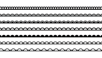 Black border lines vector silhouettes with seamless pattern of waves. scallop edge lace borders. floral crochet lace. simple scalloped border. frames and dividers