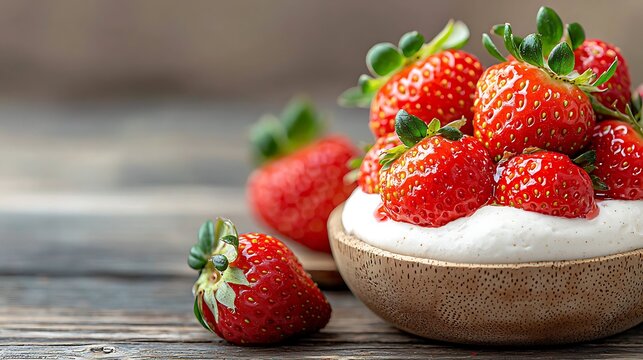 A luscious and vibrant fresh strawberry dessert sits atop a rustic wooden table, enticing with its juicy red berries and creamy textures