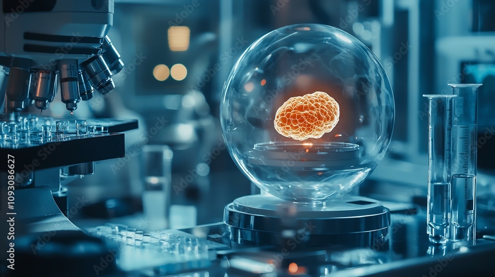 Poster glowing embryo in high tech lab symbolizing breakthroughs in genetic engineering powered by