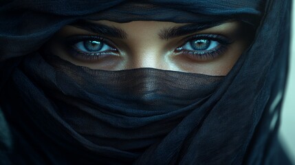 Naklejka premium Mystic eyes peering through intricate fabric, reflecting depth and emotion under soft light