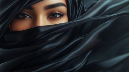 Naklejka premium Eyes gleam with depth and intrigue as dark silk veils partially obscure a graceful figure