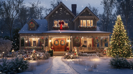 A beautifully decorated front entrance with festive lights and snow during Christmas evening at a suburban home