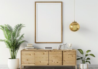 A large, blank poster frame on a wooden shelf with a plant, books, and decorative objects