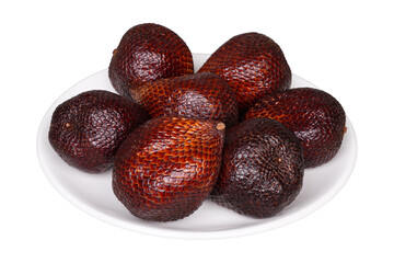 A group of snake fruits on a white plate isolated transparent