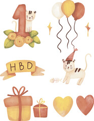 Hand drawn watercolor clip art set of birthday party with balloons, cute cat, love shapes, ribbon, gift box, birthday clip art, birthday essentials, birthday design elements, Birthday invite