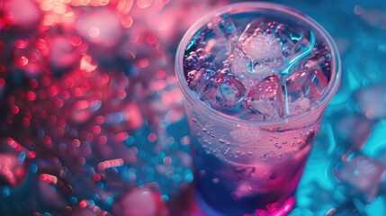 Icy cold drink illuminated in vibrant, colorful light