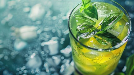 Icy cold drink illuminated in vibrant, colorful light