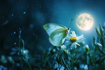 Nighttime Butterfly on Flower Under Moonlight