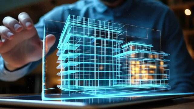 Architect's Vision: A close-up of a hand interacting with a holographic building model, showcasing the power of technology in architecture and design. The image evokes a sense of innovation.