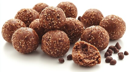 Cacao-coated energy bites sit invitingly on a clean surface, showcasing their nutritious appeal