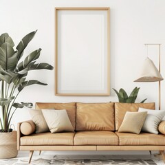 A modern living room with a large sofa, a framed picture, and green plants, with a rug on the floor