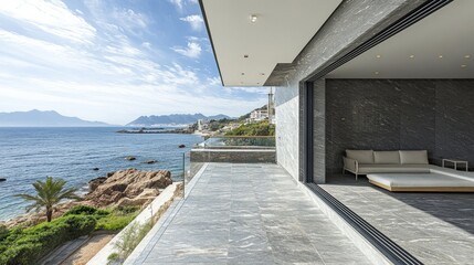Fototapeta premium Modern Balcony with Sea and Mountain Views