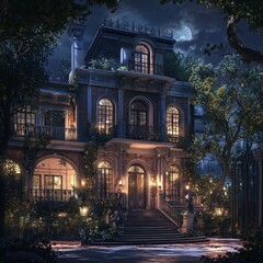 Elegant Mansion Illuminated by Moonlight Surrounded by Lush Greenery Creates a Magical Atmosphere on a Serene Night