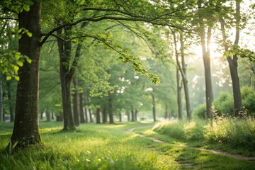 Dappled sunlight and soft focus capturing a serene scene in a green forest, forest ambiance, soft focus photography, dappled light effect, woodland setting, green foliage