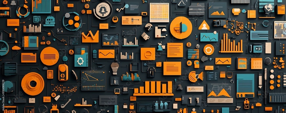 Poster vibrant mural of overlapping symbols charts and icons forming a unified vision representing the outc